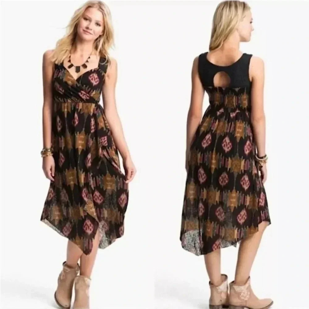Free People Black Ikat Handkerchief Hem Midi Dress